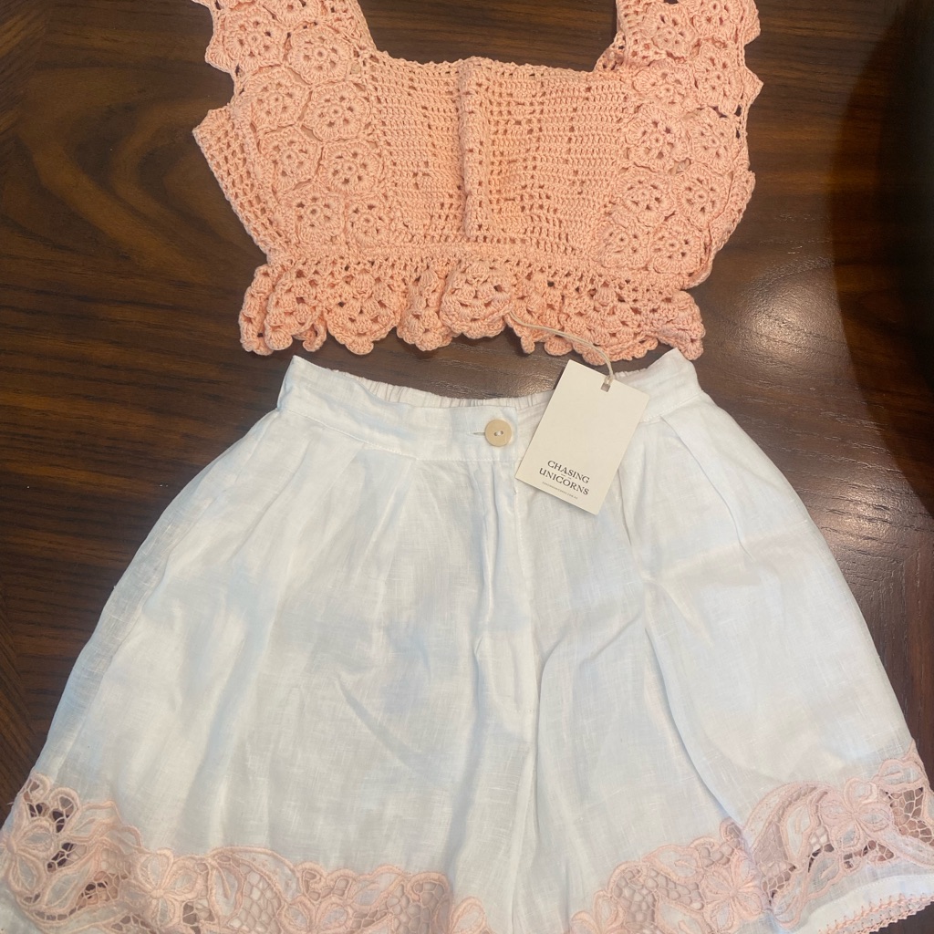 Nwt Rare Set!!! Chasing Unicorns Blush Crochet Knit Top & Linen Shorts — image 8 of 8
